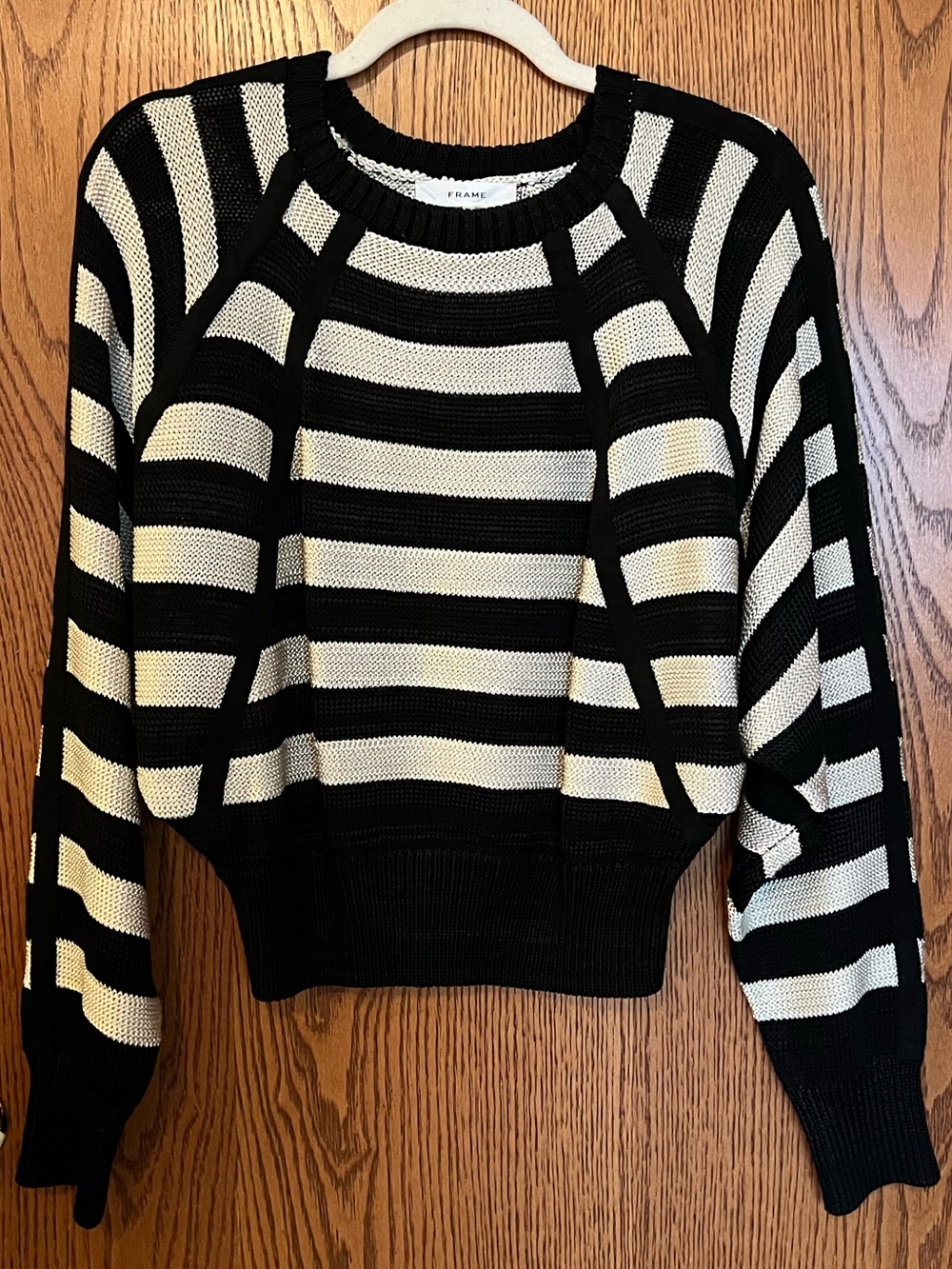 FRAME Striped Raglan Sweater Black Cream Knit Crewneck Pullover Women's Medium